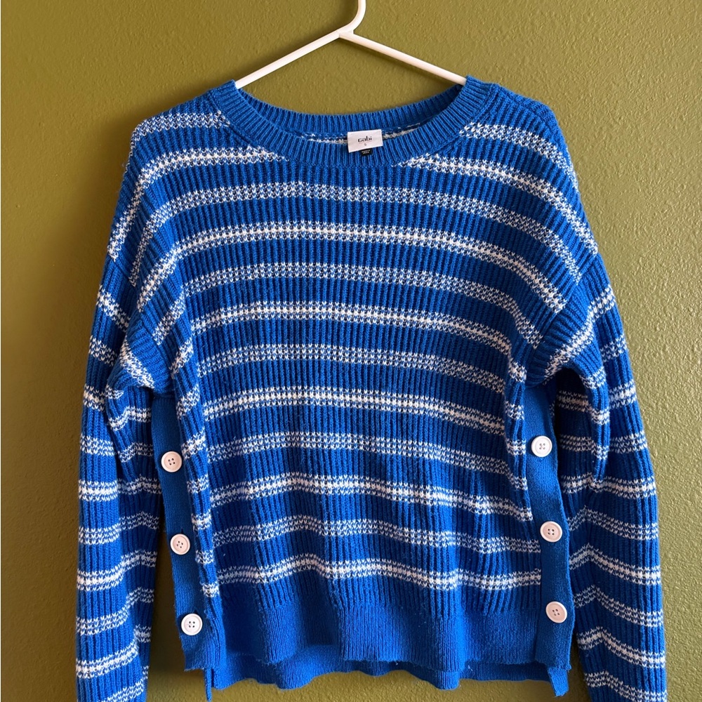 CAbi Blue and White Button Detail Sweater